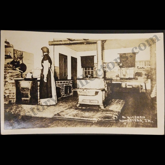1931 A Kitchen Homestead Iowa RPPC Real Photo Postcard - Amana Colonies - Scott #632 1-Cent Green Benjamin Franklin Stamp With Bottom Selvage - CDS With Bars Slogan Cancel - Great Depression Era
