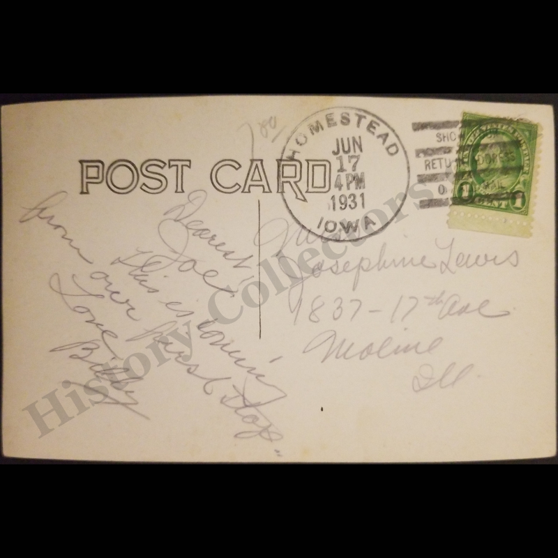 1931 A Kitchen Homestead Iowa RPPC Real Photo Postcard - Amana Colonies - Scott #632 1-Cent Green Benjamin Franklin Stamp With Bottom Selvage - CDS With Bars Slogan Cancel - Great Depression Era