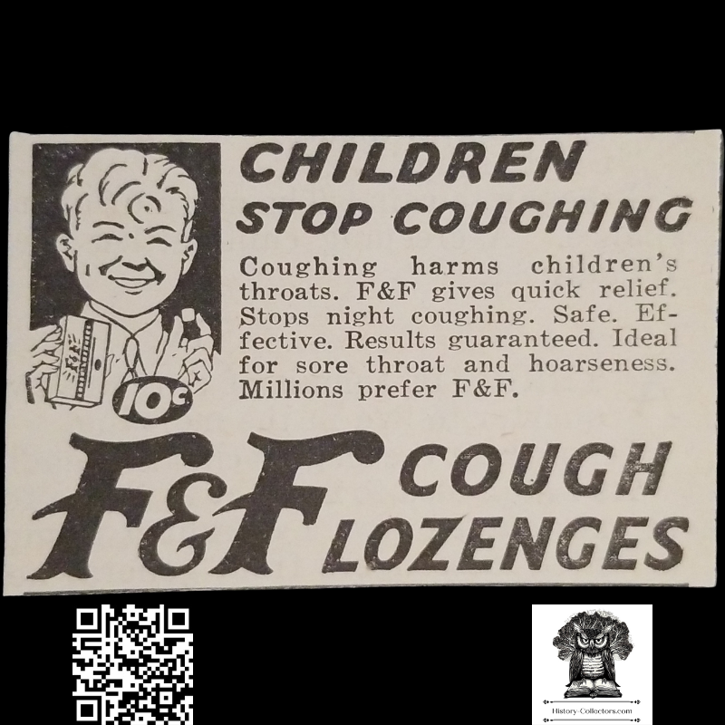 1931 F&F Cough Lozenges Drops Print Advertisement - Children's OTC Medicine - Great Depression Era - Pharmaciana