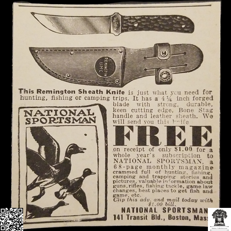 1931 National Sportsman Magazine Remington Sheath Knife Promo Print Advertisement Clipping - 141 Transit Boulevard Boston Massachusetts - Great Depression Era - Ready For Framing
