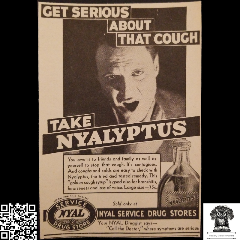 1931 Nyalptus Cough Syrup Print Advertisement Clipping - Nyal Service Drug Stores - Great Depression Era - Ready For Framing