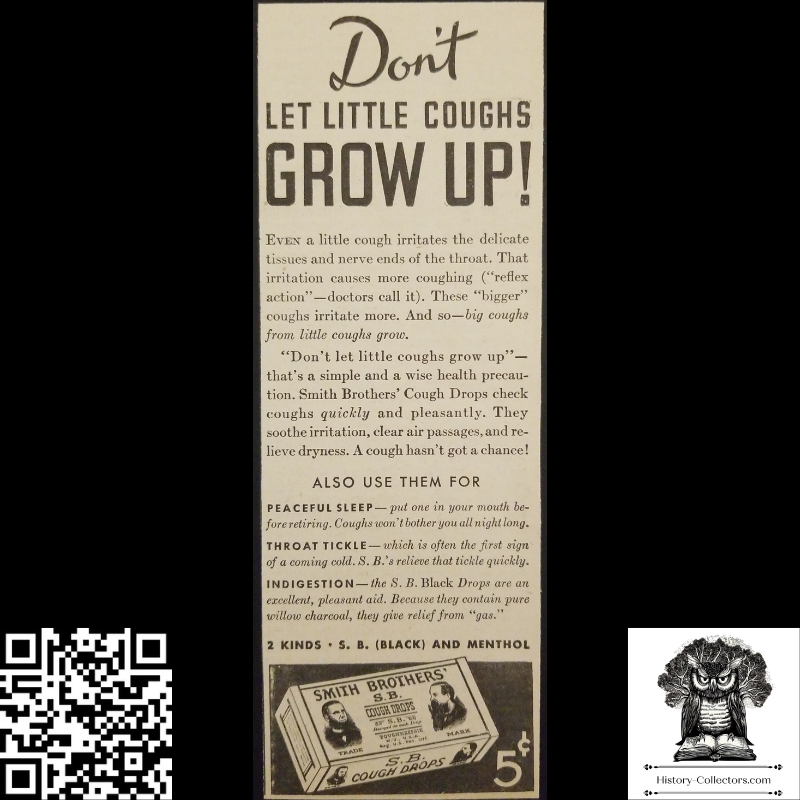 1931 Smith Brothers' Cough Drops Print Advertisement Clipping - Great Depression Era - Ready For Framing