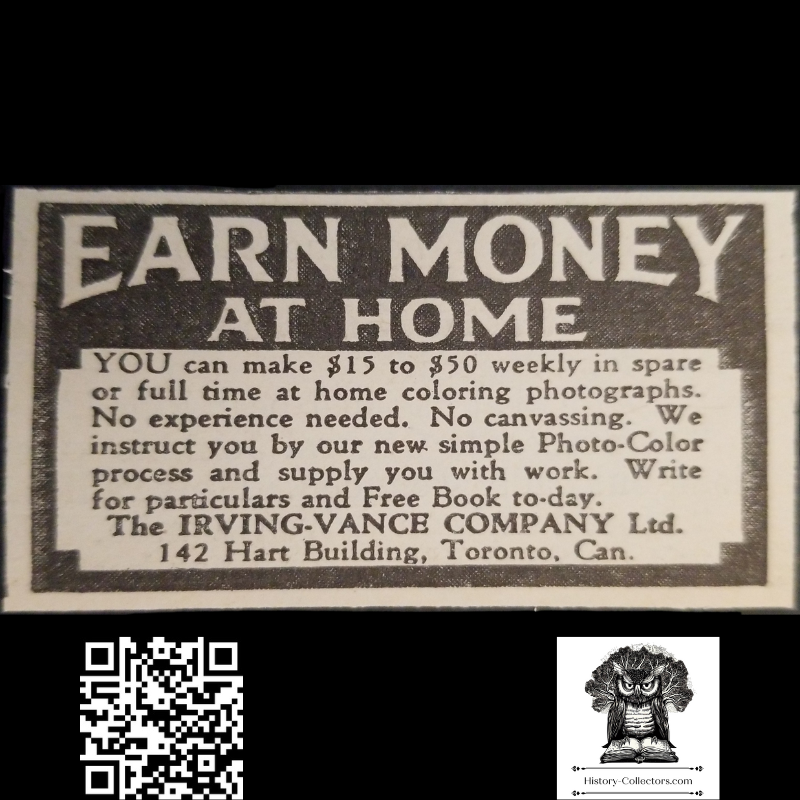 1931 Work From Home Hand Coloring Photographs Print Advertisement - Irving-Vance Company Ltd. - Toronto Canada - Great Depression Era