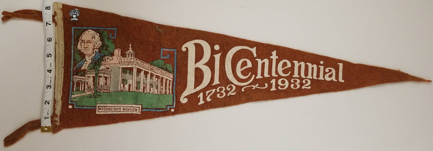 1932 Bicentennial Washington's Mansion Souvenir Pennant - Mt. Vernon VA