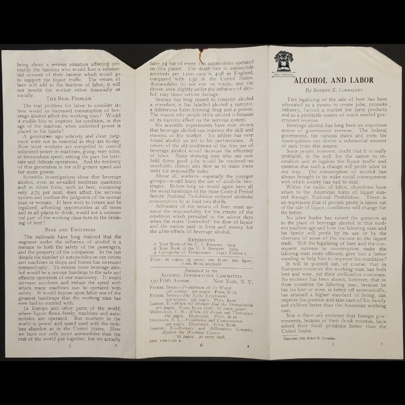 1932 Prohibition Leaflet Pamphlet - Alcohol And Labor - Robert E Corradini - Alcohol Information Committee - New York