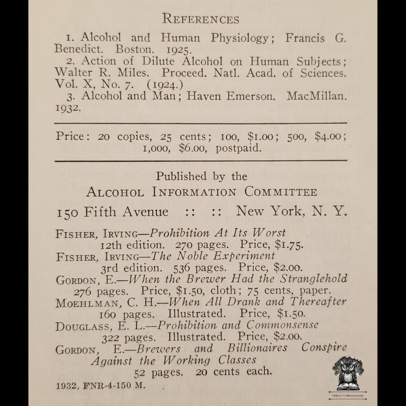 1932 Prohibition Leaflet Pamphlet - When And Why Is A Beverage Intoxicating? - Robert E Corradini - Alcohol Information Committee - New York