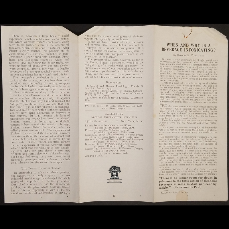 1932 Prohibition Leaflet Pamphlet - When And Why Is A Beverage Intoxicating? - Robert E Corradini - Alcohol Information Committee - New York