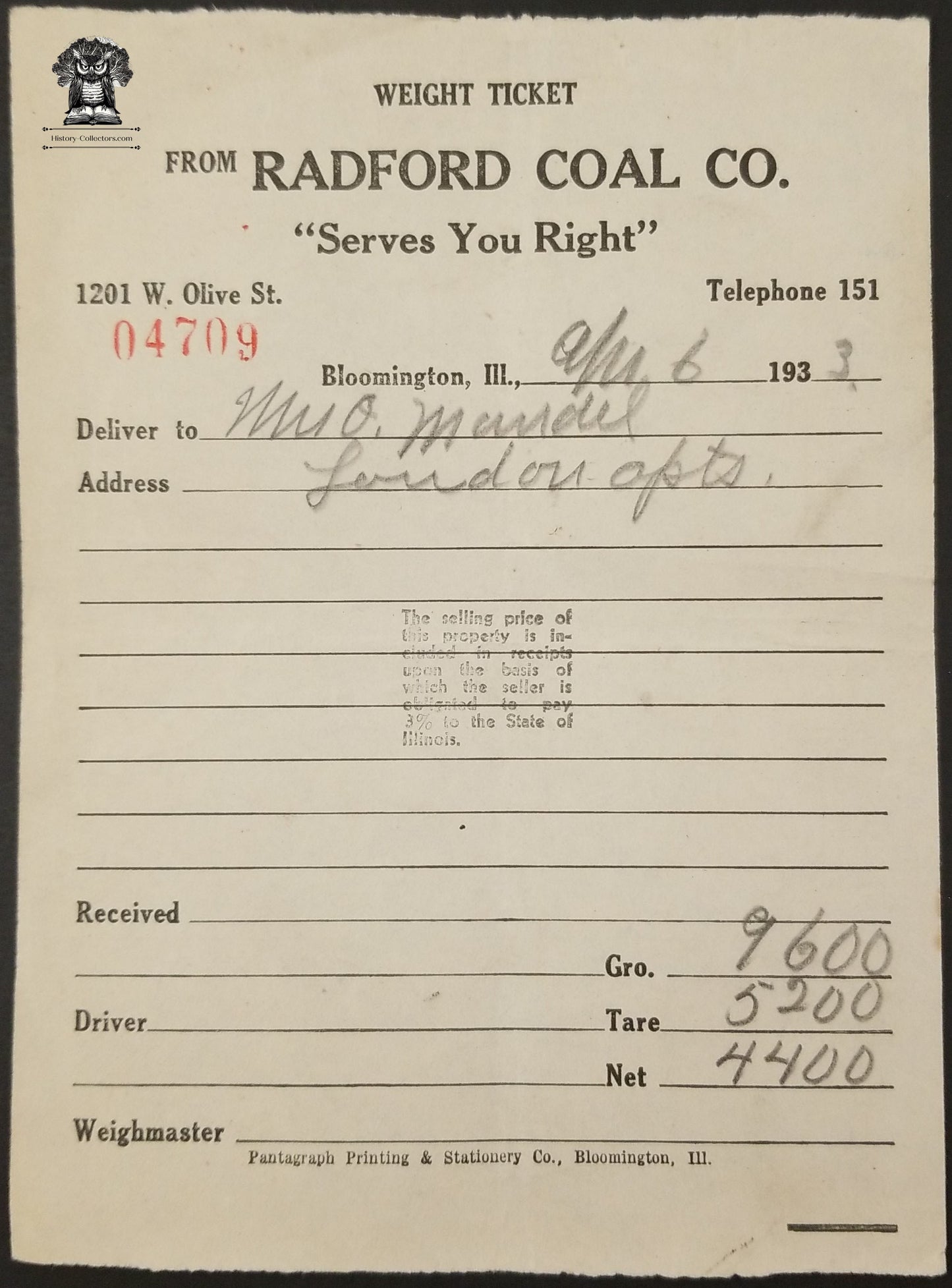 1933 Radford Coal Co Weight Ticket Billhead Bloomington IL Olive St
