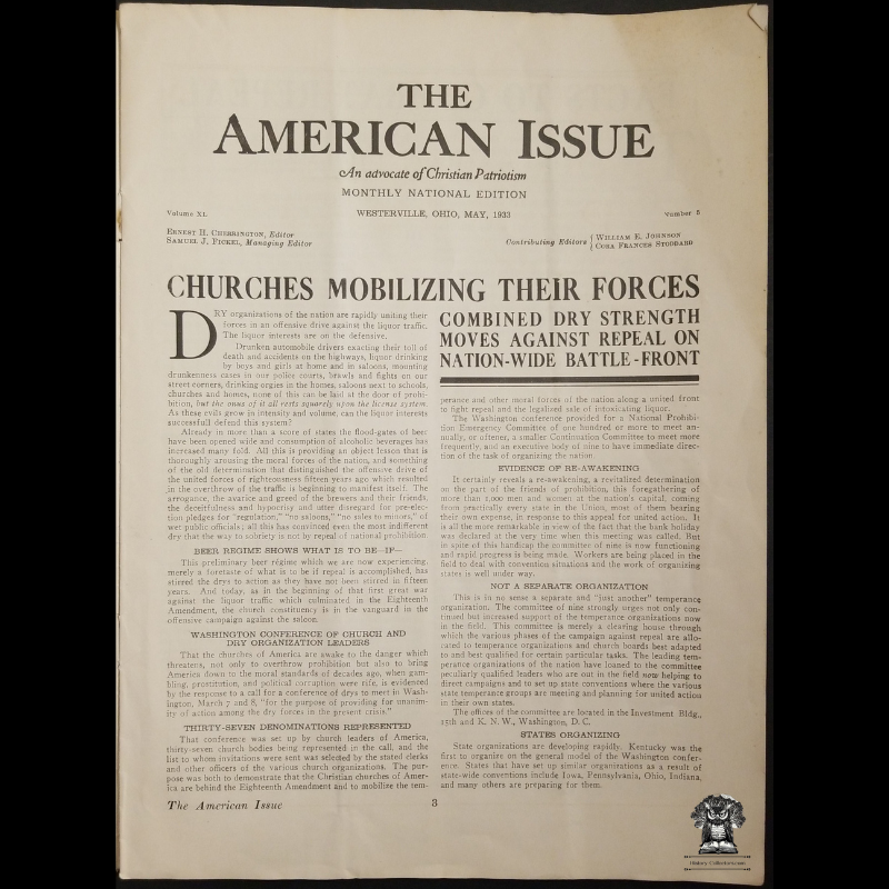 1933 The American Issue Anti-Repeal Prohibition Publication - Christian Patriotism National Edition - 110 S State St Westerville Ohio - May - Dr Haven Emerson