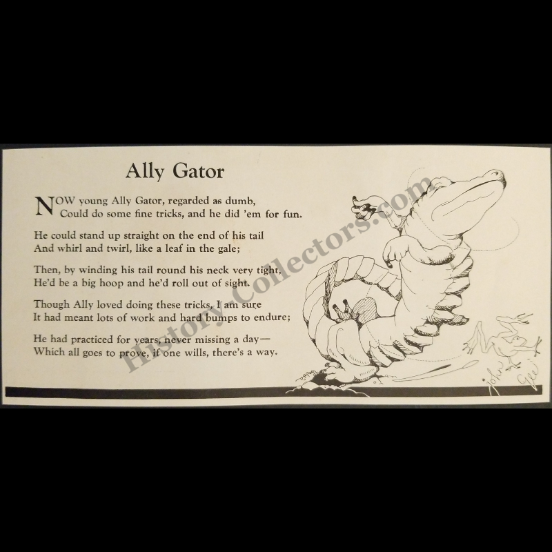 1935 Ally Gator Poem Illustration Print Clipping - Anthropomorphic Alligator - John Gee - Children's Literature - Great Depression Era - Ready For Framing