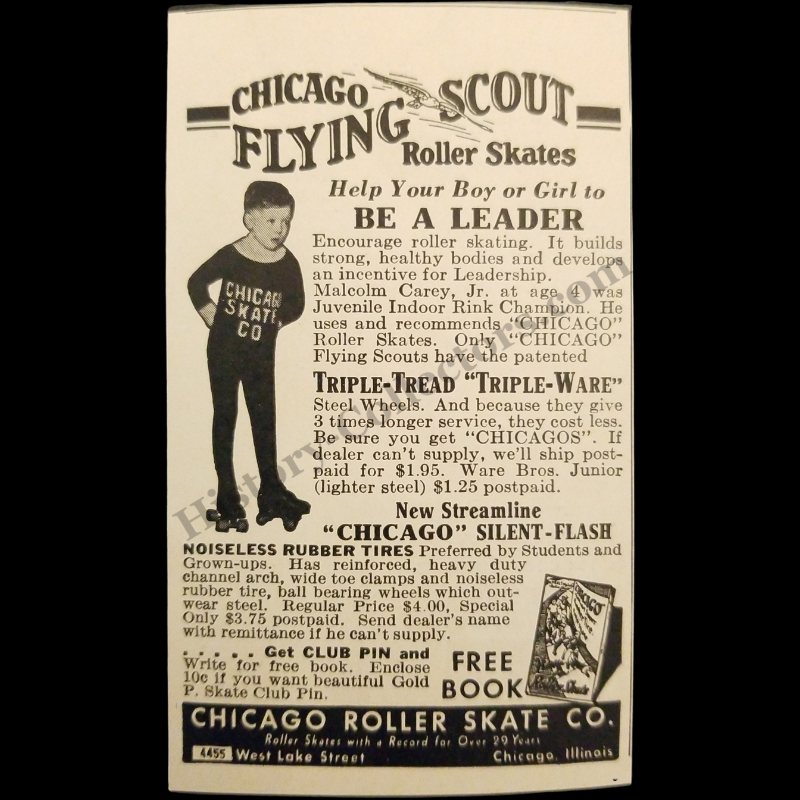 1935 Chicago Scout Flying Roller Skates Print Advertisement Clipping - Chicago Roller Skate Company - Malcolm Carey Jr. Juvenile Indoor Rink Champion - Great Depression Era - Ready For Framing
