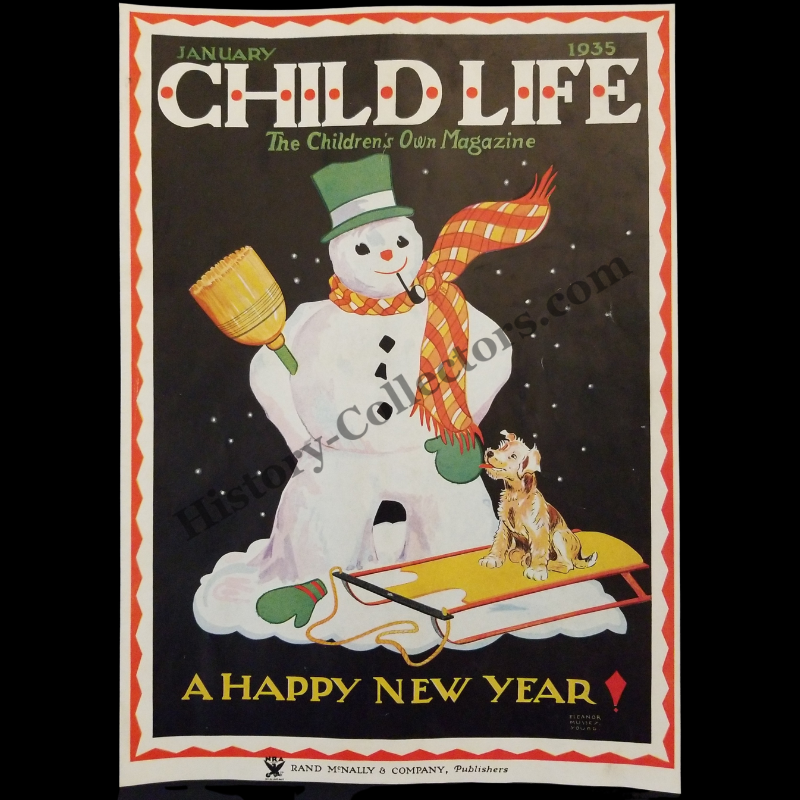 1935 Child Life Magazine Cover - A Happy New Year - Snowman - Wired Haired Parson Russell Terrier Dog - Wood Bobsled - January - Ready For Framing