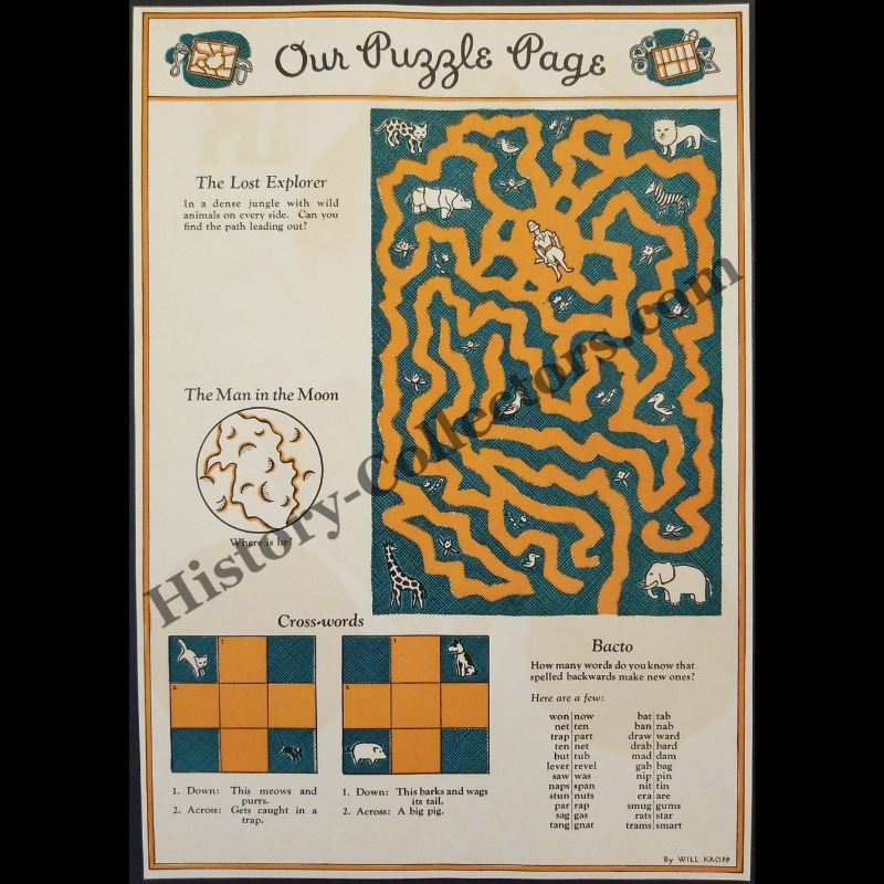 1935 Children's Puzzle Page Illustration Print Clipping - Will Kropp - Great Depression Era - Ready For Framing