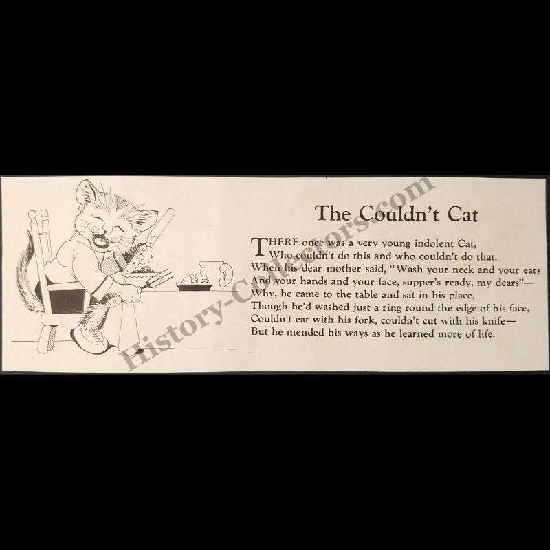 1935 Couldn't Cat Poem Illustration Print Clipping - Anthropomorphic - Children's Literature - Great Depression Era - Ready For Framing