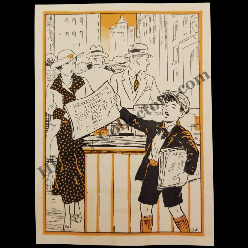 1935 Newsie Selling Newspapers On Busy Street Illustration Print Clipping - Great Depression Era - Ready For Framing