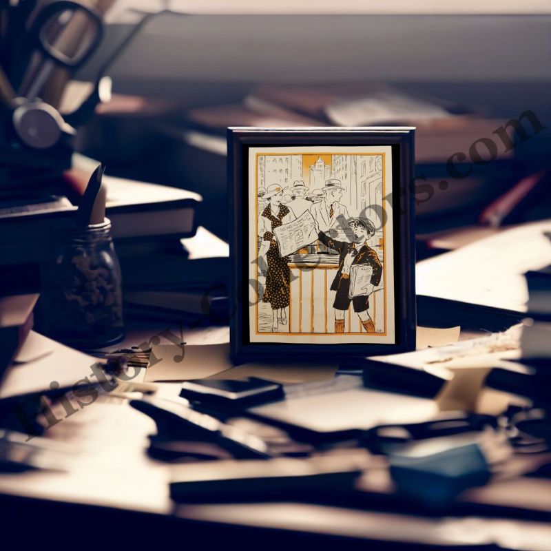 1935 Newsie Selling Newspapers On Busy Street Illustration Print Clipping - Great Depression Era - Ready For Framing