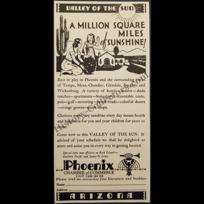 1935 Phoenix Arizona Chamber Of Commerce Print Advertisement Clipping - Rock Island Railroad - Southern Pacific Railroad - Santa Fe Railroad - Great Depression Era - Ready For Framing