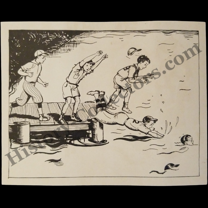 1935 Summer Baseball Camp Illustration Print Clipping - Great Depression Era - Ready For Framing