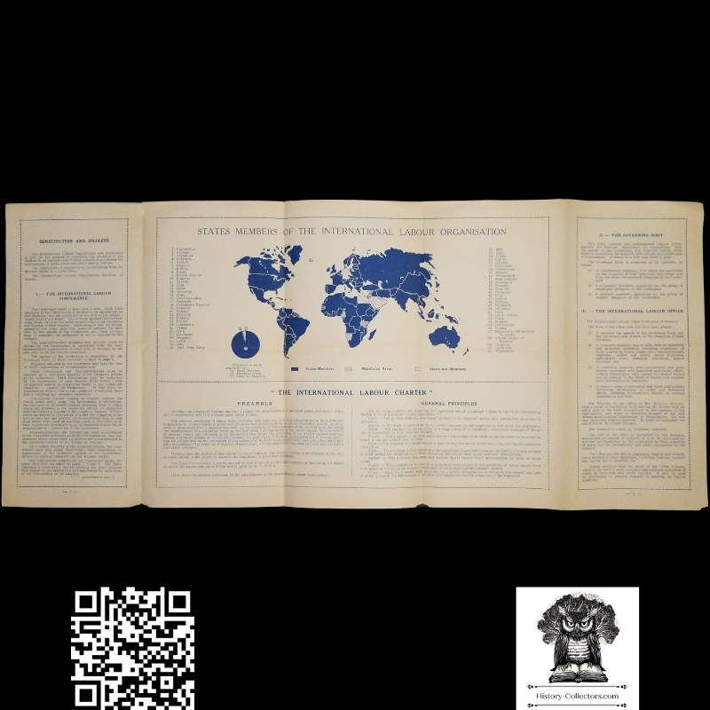 1936 United Nations International Labour Organization Brochure - Constitution Objects Results - Global Member State Map - Quad Accordion Fold - January