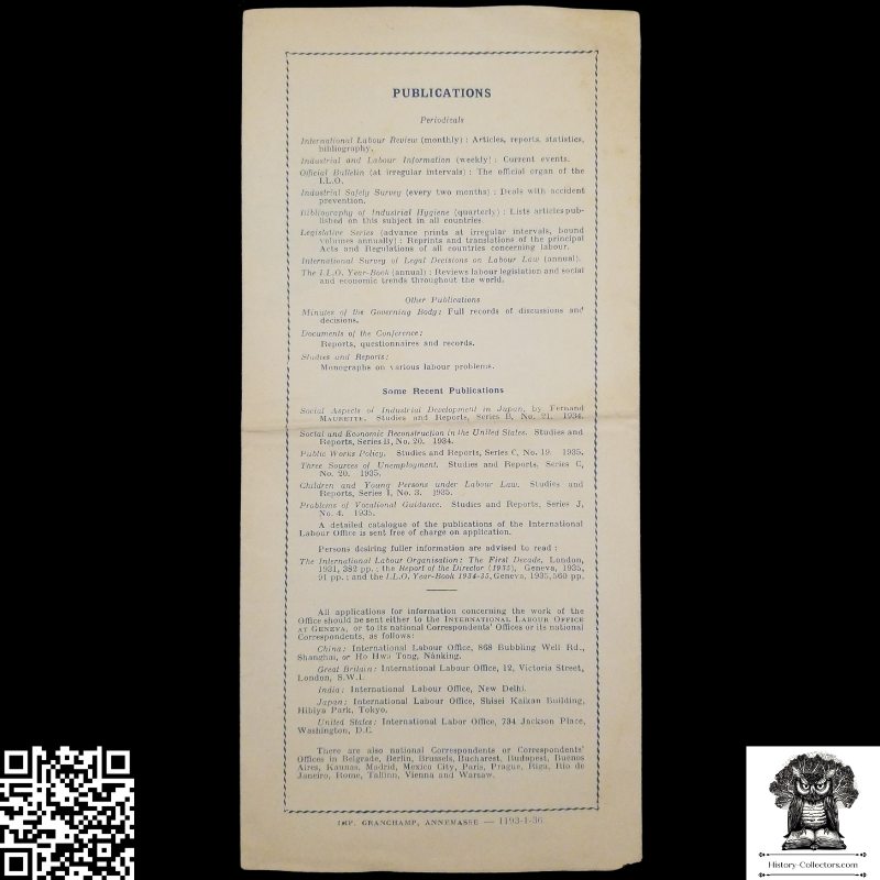 1936 United Nations International Labour Organization Brochure - Constitution Objects Results - Global Member State Map - Quad Accordion Fold - January