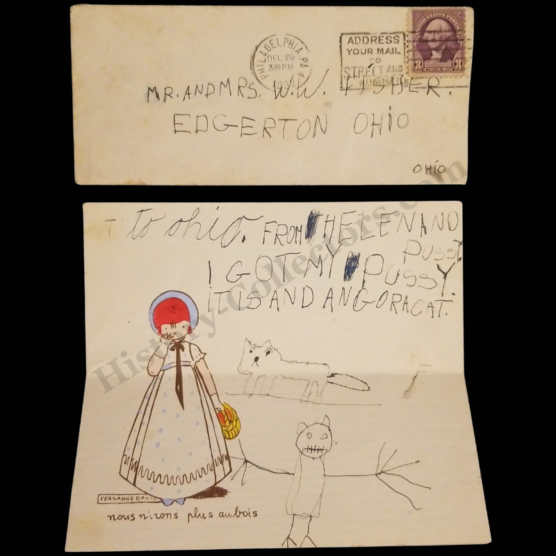 1938 Angora Pussy Cat Child Letter - Philadelphia Pennsylvania - Edgerton Ohio - W.W. Fisher - Fernandé David Illustration Stationary - Scott 720 3c George Washington Stamp - Machine Slogan Postal Cancel - Great Depression Era