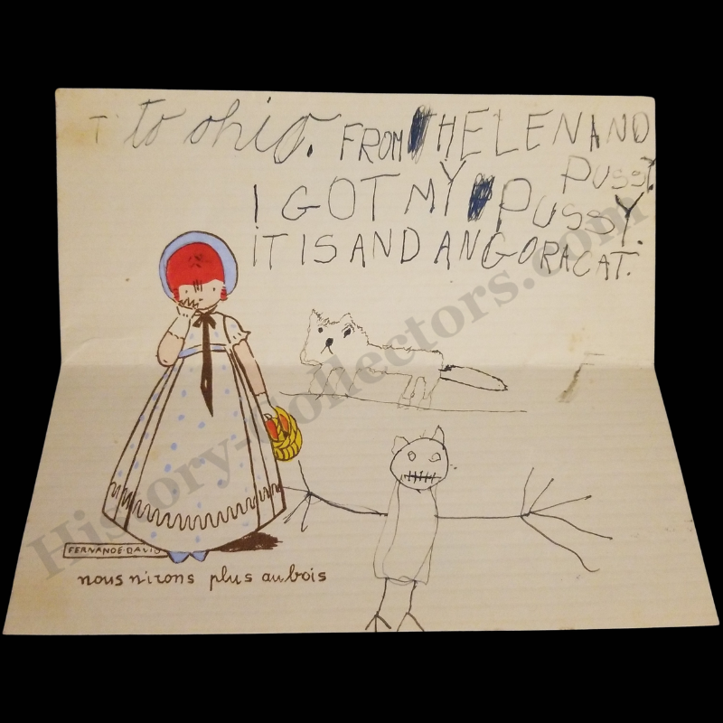 1938 Angora Pussy Cat Child Letter - Philadelphia Pennsylvania - Edgerton Ohio - W.W. Fisher - Fernandé David Illustration Stationary - Scott 720 3c George Washington Stamp - Machine Slogan Postal Cancel - Great Depression Era