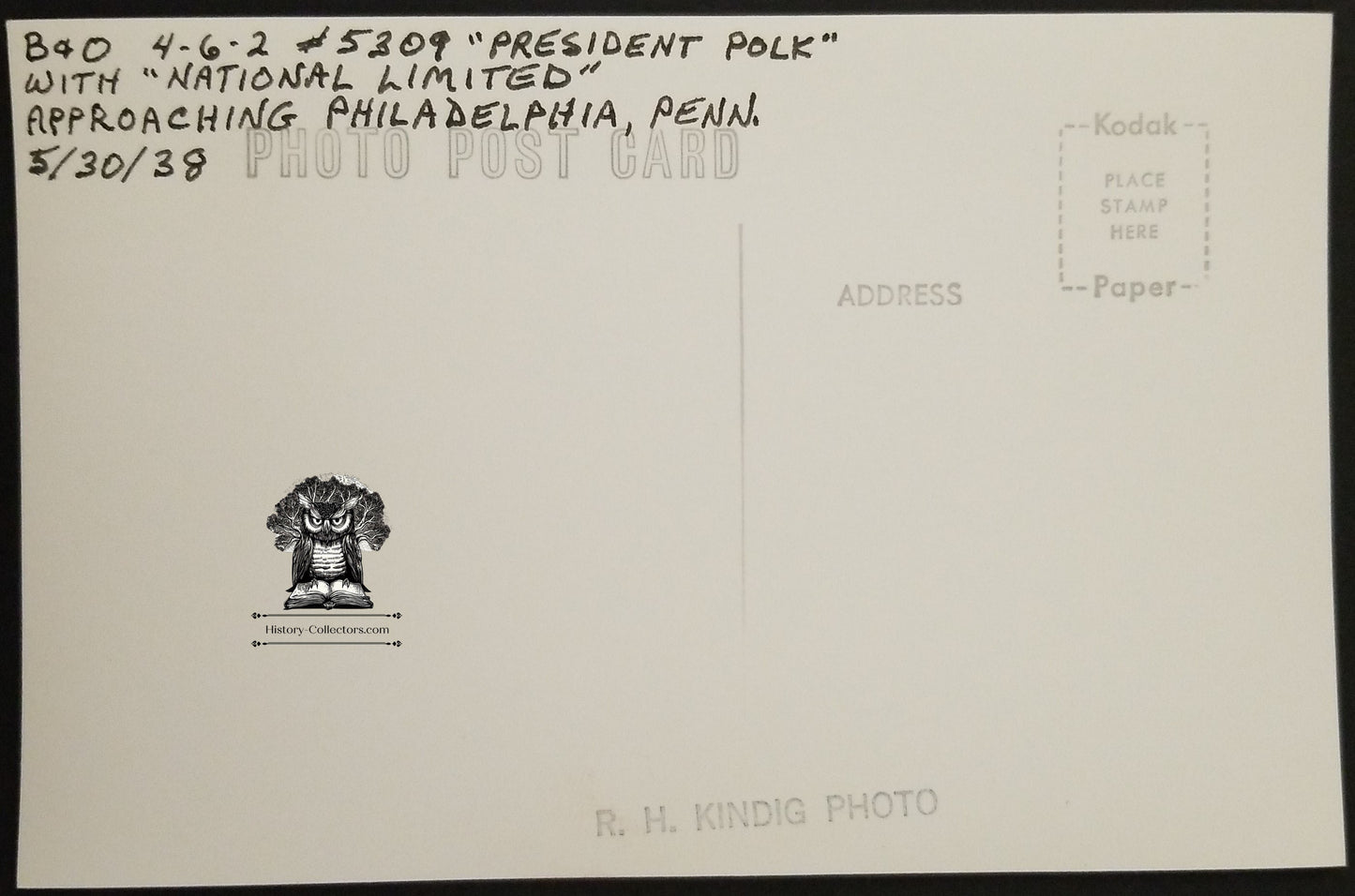 1938 RPPC Picture Postcard - B&O Railroad President Polk Engine Passenger Train - Philadelphia PA - Kodak Stamp Box - Photographer Kindig