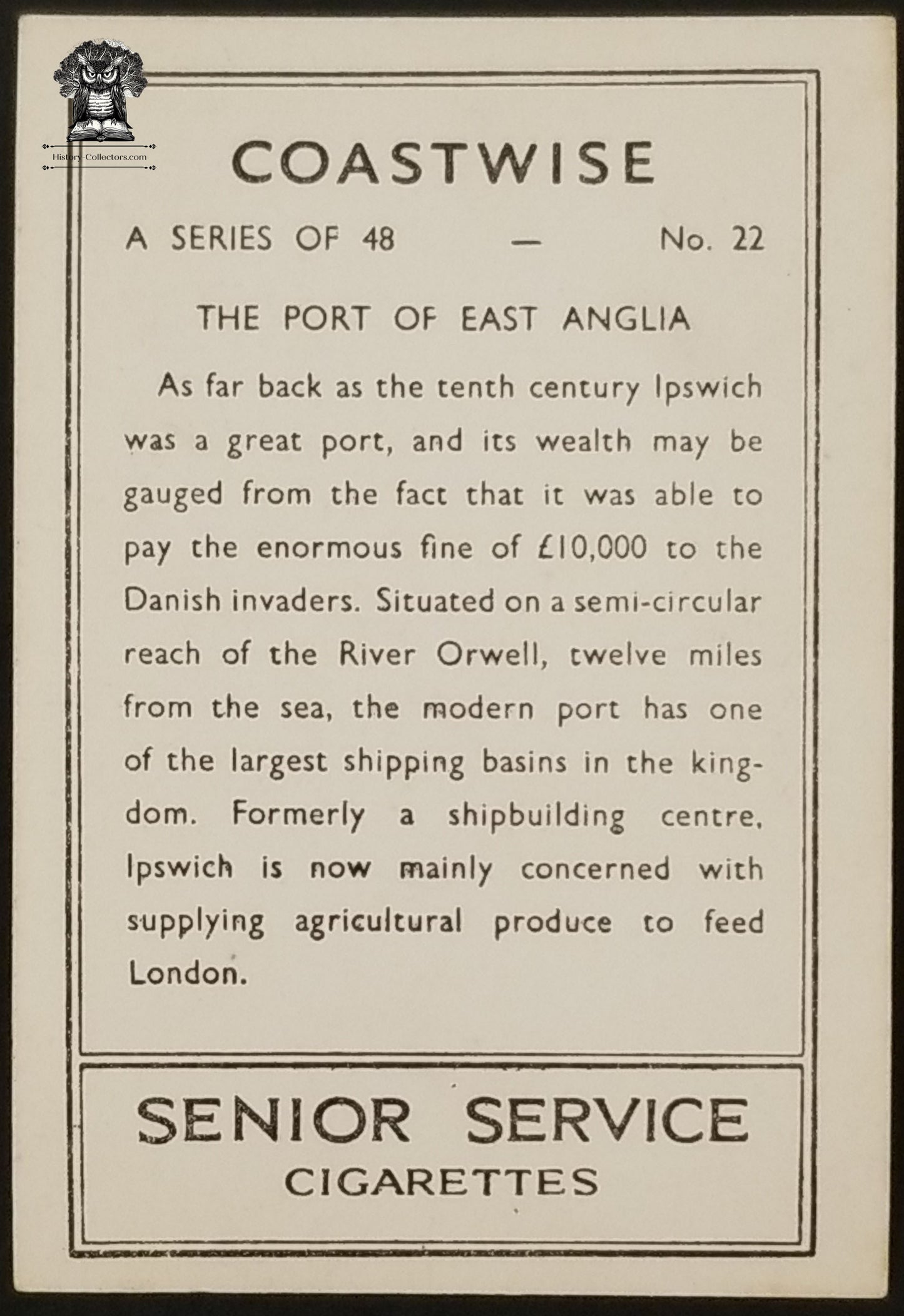 1939 UK Coastwise Senior Service Cigarettes Port of East Anglia Trading Card - Japan Tobacco