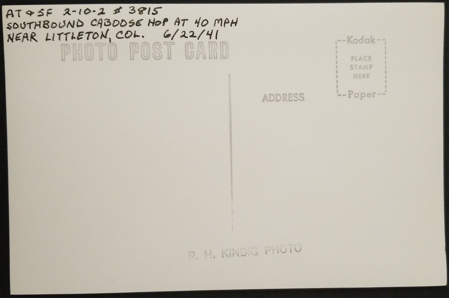 1941 RPPC Picture Postcard - AT & SF Railroad Coal Steam Engine Santa Fe 3815 - Littleton Colorado W/ Caboose - Photographer Kindig