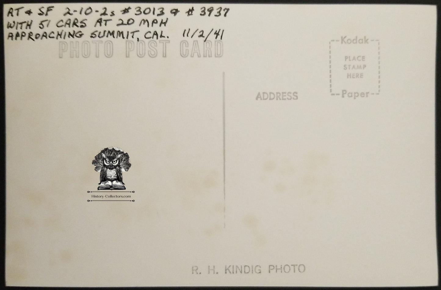1941 RPPC Picture Postcard - AT & SF Railroad Coal Steam Engine 3013 3937 - Summit California - Photographer Kindig - Kodak Stamp Box