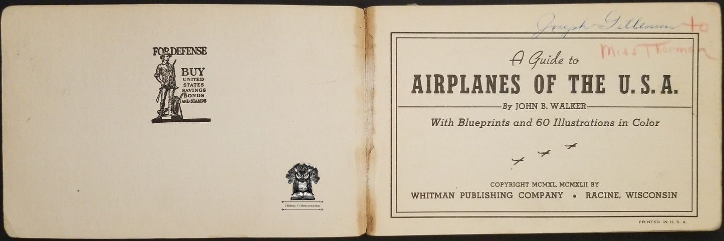 1942 Children's Photo Book Airplanes of the USA Buy Bonds & Stamps For Defense - Whitman Publishing Company Racine Wisconsin