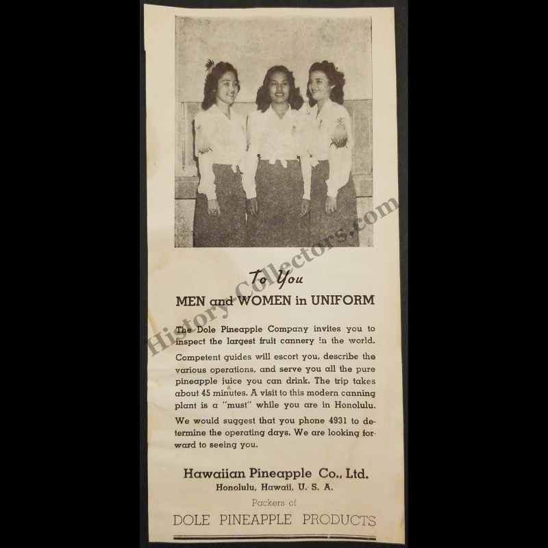 1942 Dole Pineapple Company Print Advertisement Clipping - Honolulu Hawaii - Iwilei Cannery - World War II Era - Ready For Framing