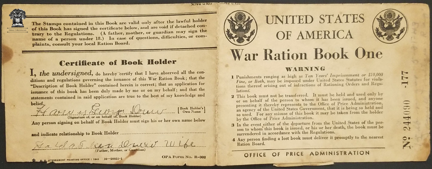 1942 War Ration Coupon Stamp Book - Carbondale Jackson IL Drew