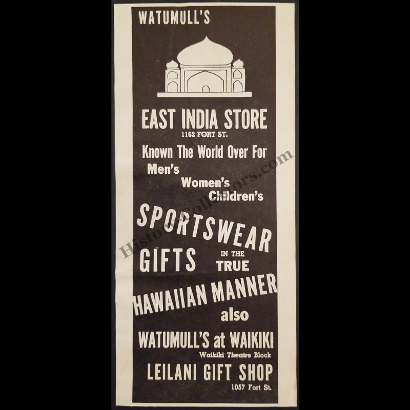 1942 Watumull's East India Store Print Advertisement Clipping - Honolulu Hawaii - World War II Era - Ready For Framing
