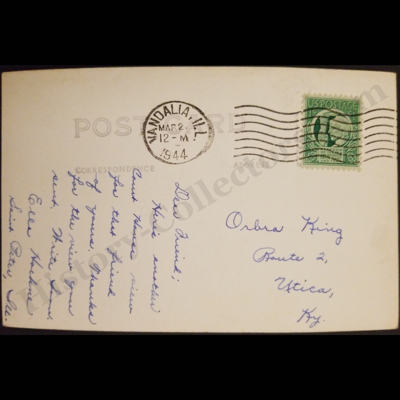 1944 Fayette County Court House Vandalia Illinois RPPC Real Photo Postcard - Orbra King Utica Kentucky - 1c Four Freedoms Stamp - March 2 - WWII Era