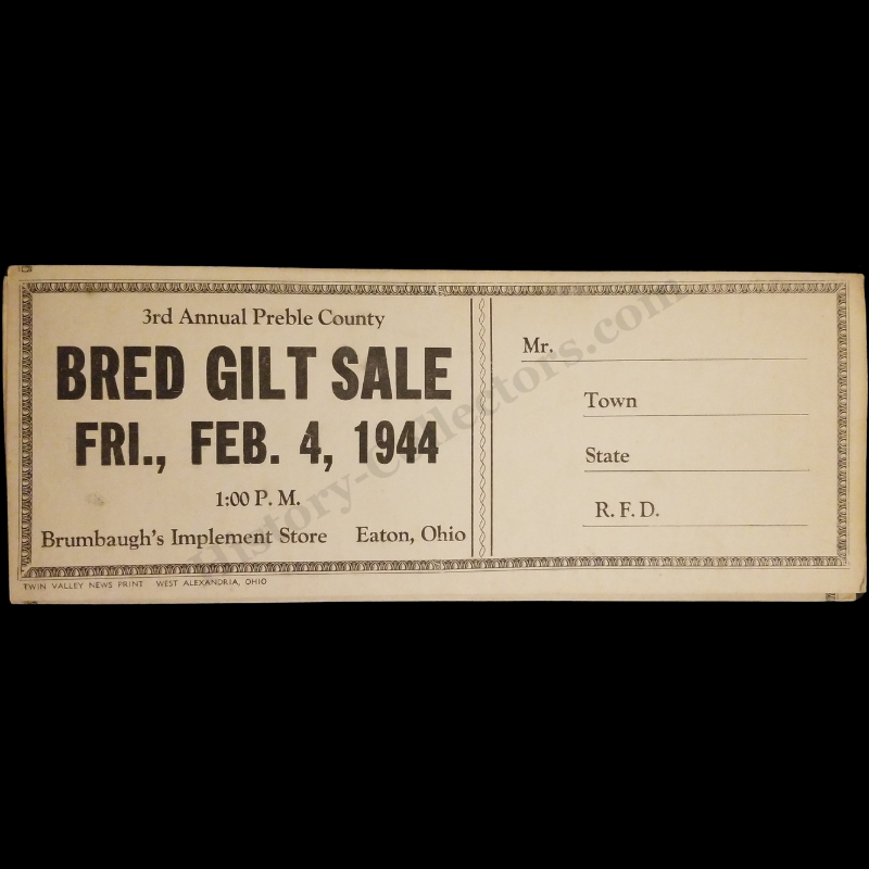 1944 Preble County Gilt Swine Hogs Livestock Auction Bi-Fold Brochure - Easton Ohio - Brumbaugh's Implement Store - Pure Bred Swine Breeders Association - L.G. Reitz Auctioneer - Wilbur Howard Auctioneer