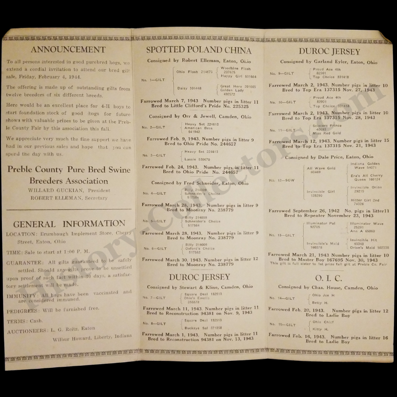 1944 Preble County Gilt Swine Hogs Livestock Auction Bi-Fold Brochure - Easton Ohio - Brumbaugh's Implement Store - Pure Bred Swine Breeders Association - L.G. Reitz Auctioneer - Wilbur Howard Auctioneer