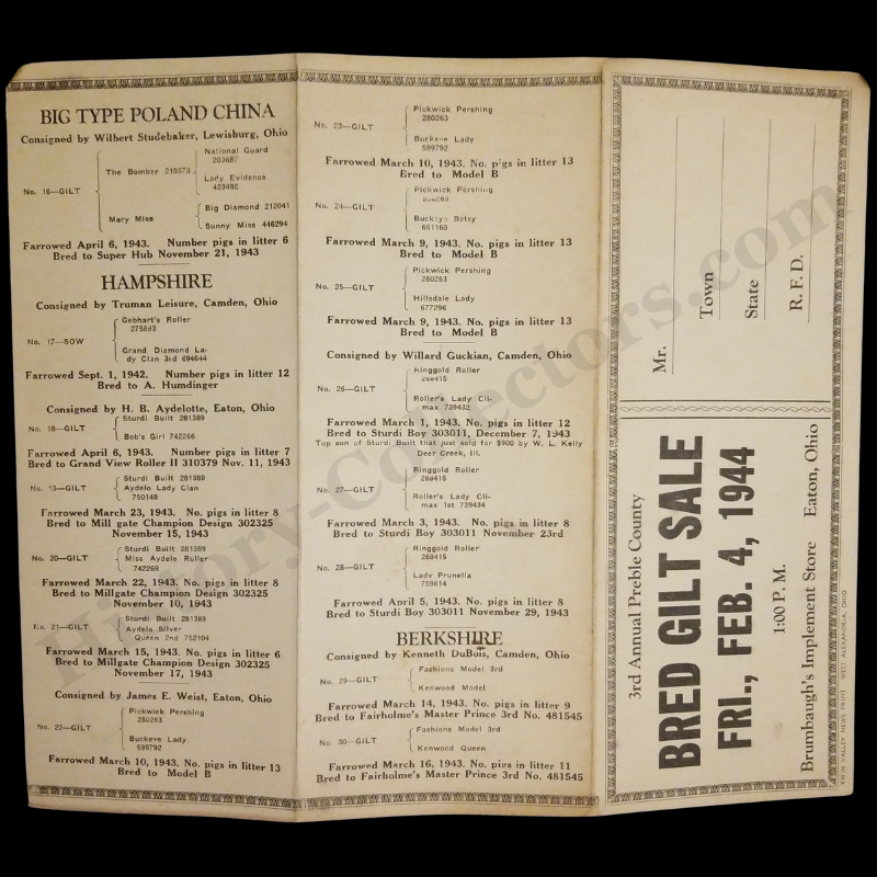 1944 Preble County Gilt Swine Hogs Livestock Auction Bi-Fold Brochure - Easton Ohio - Brumbaugh's Implement Store - Pure Bred Swine Breeders Association - L.G. Reitz Auctioneer - Wilbur Howard Auctioneer