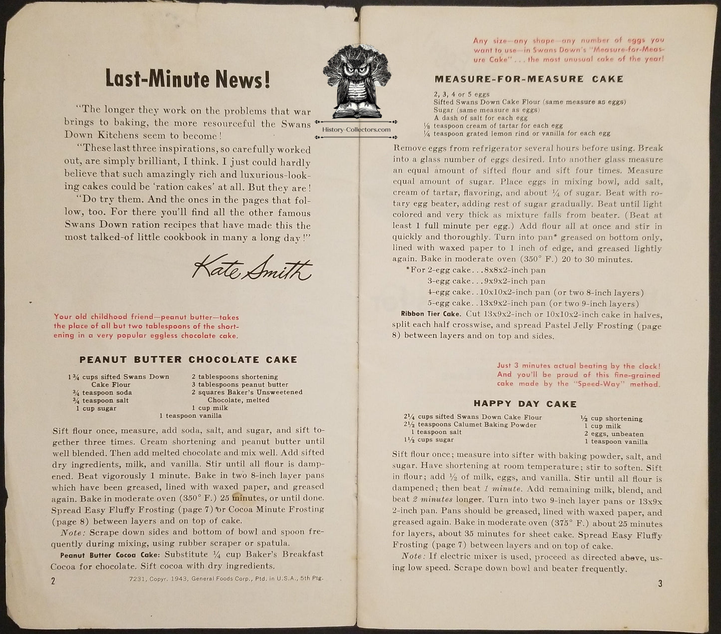 1944 WWII Era Ration Recipe Booklet - Swan Calumet Advertising - Kate Smith First Lady Of Radio Celebrity - Cakes Desserts Bread