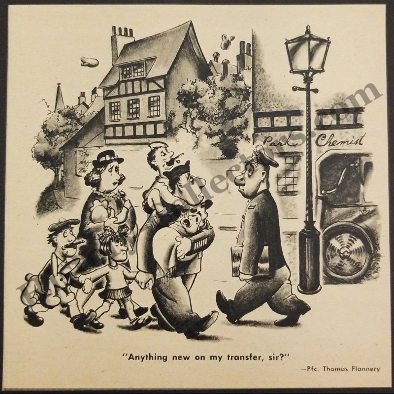 1945 Europe Transfer Request Civilian Attachment Comic Illustration Clipping - Private First Class Thomas Flannery - WWII Era - Ready For Framing