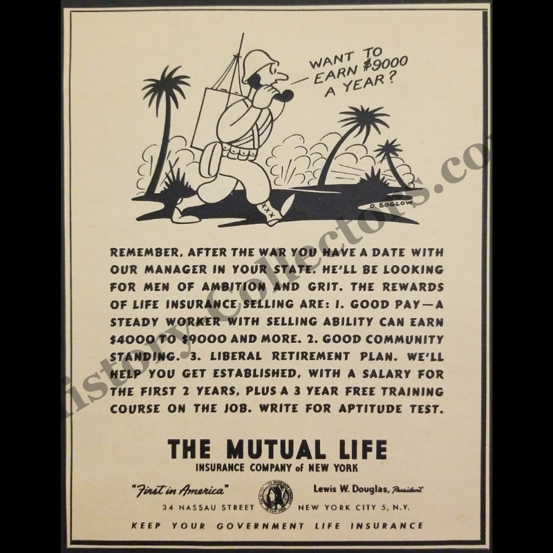 1945 Mutual Life Insurance Company Of New York Print Advertisement Clipping - Otto Soglow Illustration - Postwar Veteran Employment - World War II Era - Ready For Framing