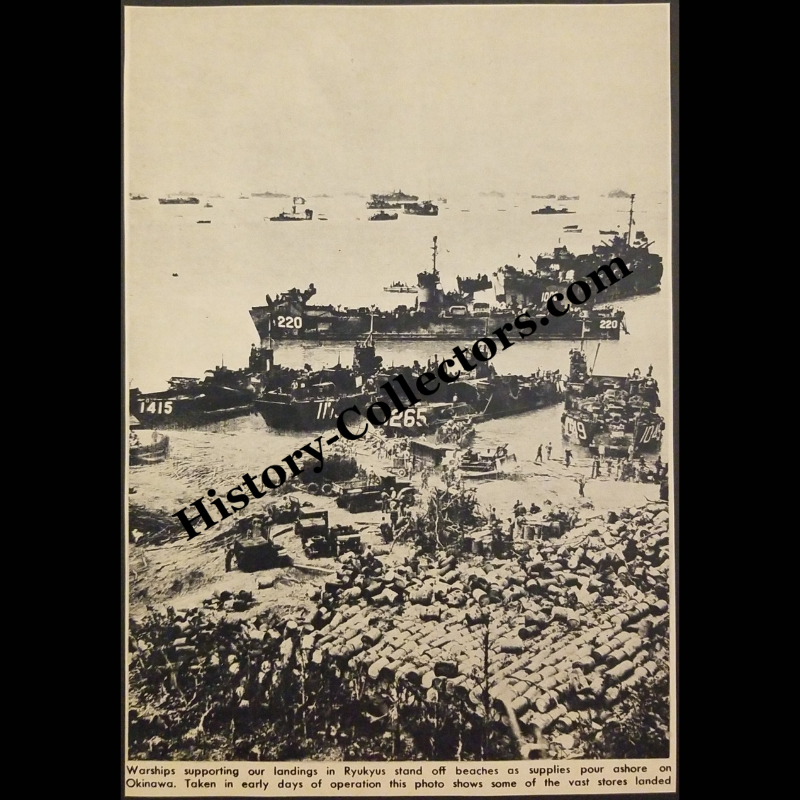 1945 Okinawa Warships Landing Supplies Photograph Print Clipping - World War II Era - Pacific Theater - Ready For Framing