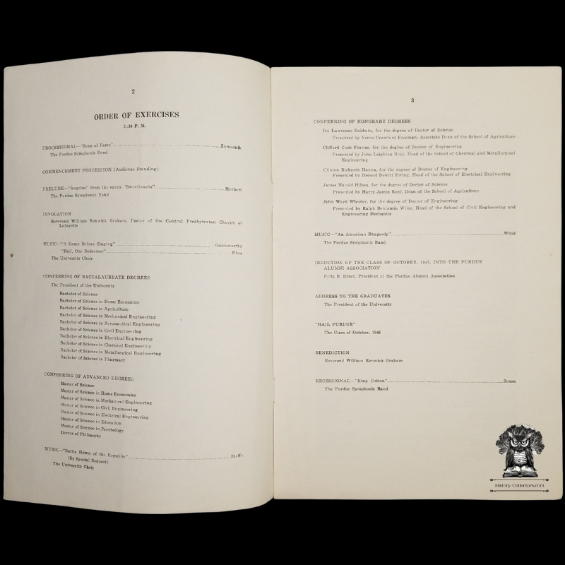 1945 Purdue University Commencement Program - Sunday October 28 - Hall Of Music - Lafayette Indiana - Eighty-First