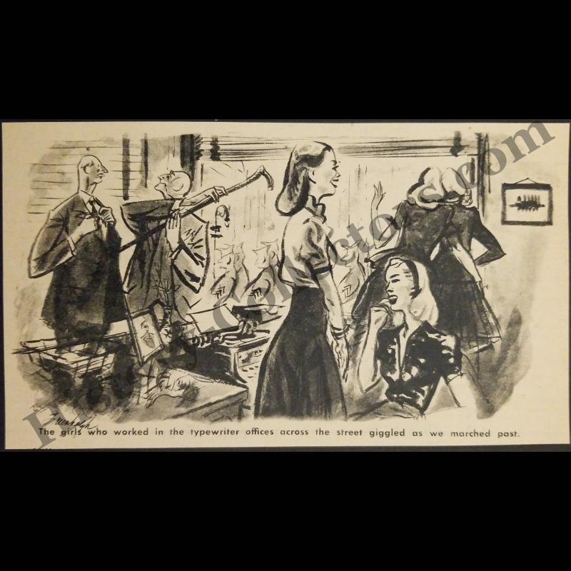 1945 Soldiers Observed By Office Girls Comic Illustration Clipping - World War II Era - Ready For Framing