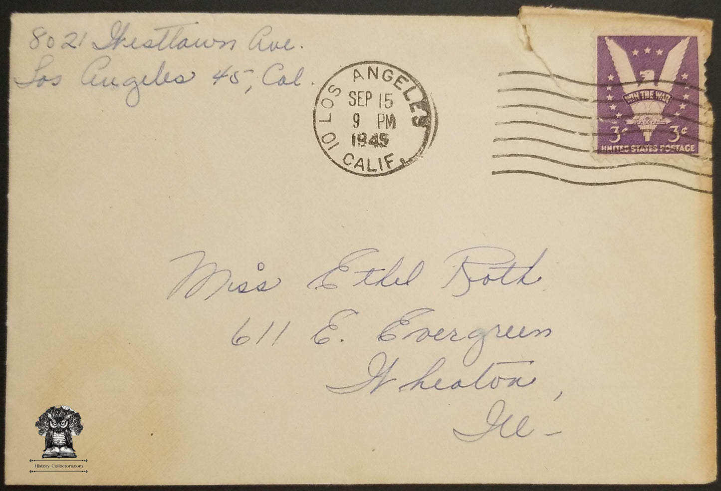1945 WWII Era Personal Letter Los Angeles CA Postal Cancel Victory Eagle Stamp