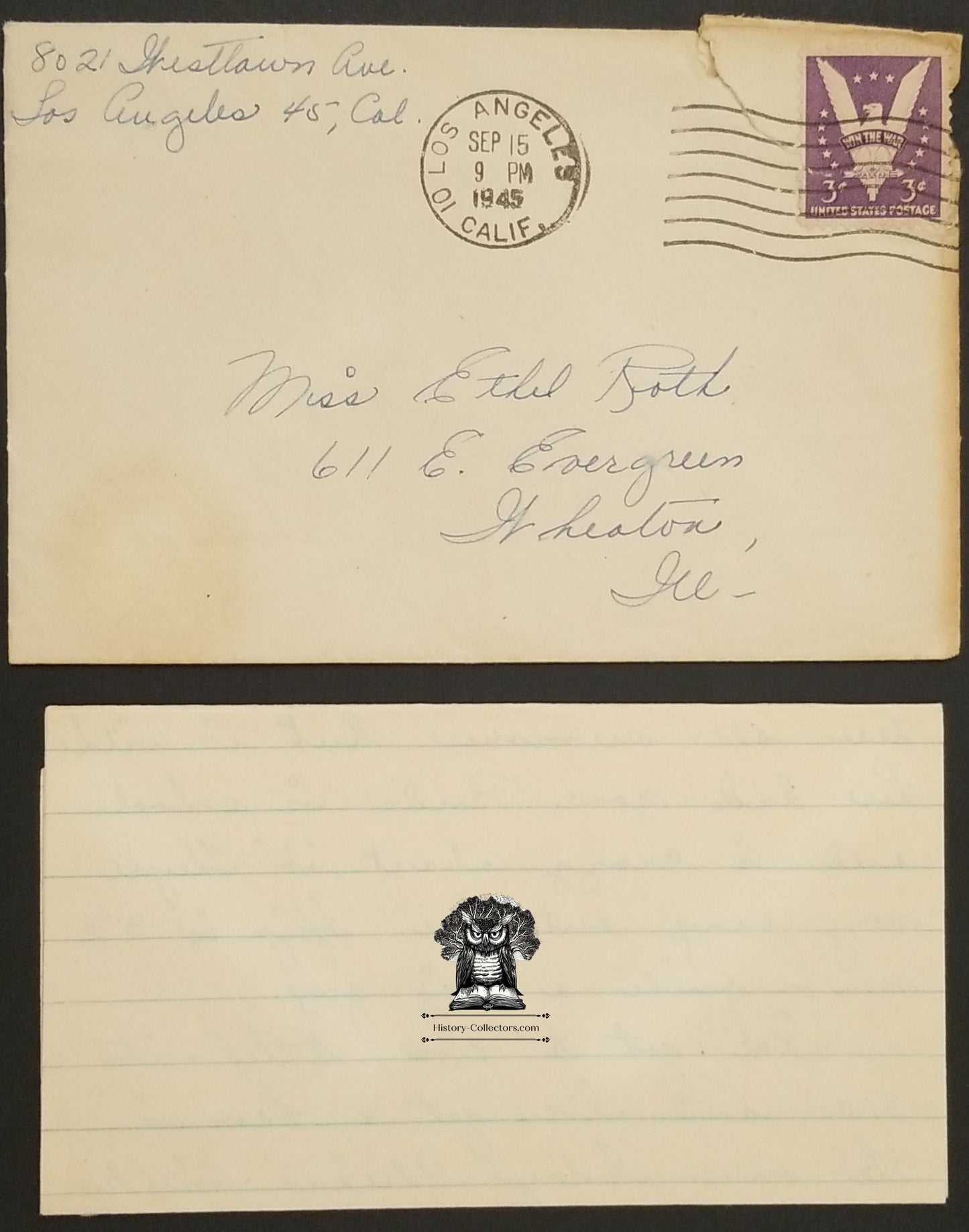 1945 WWII Era Personal Letter Los Angeles CA Postal Cancel Victory Eagle Stamp