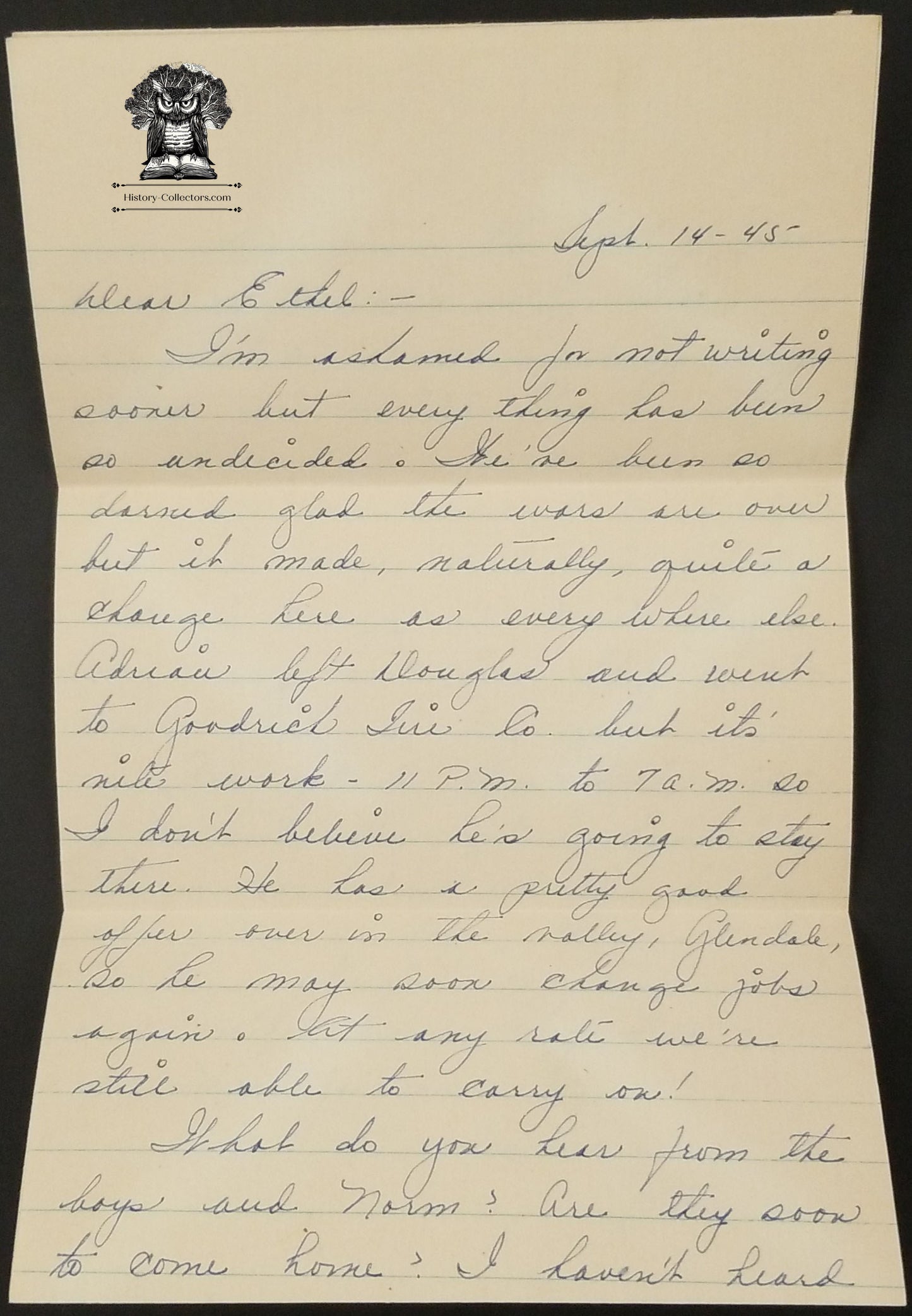 1945 WWII Era Personal Letter Los Angeles CA Postal Cancel Victory Eagle Stamp