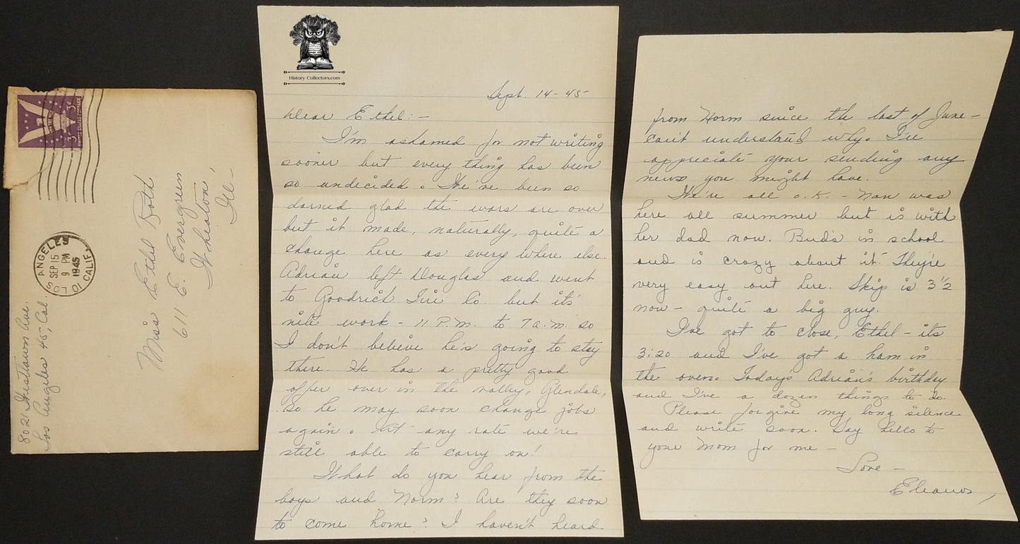 1945 WWII Era Personal Letter Los Angeles CA Postal Cancel Victory Eagle Stamp