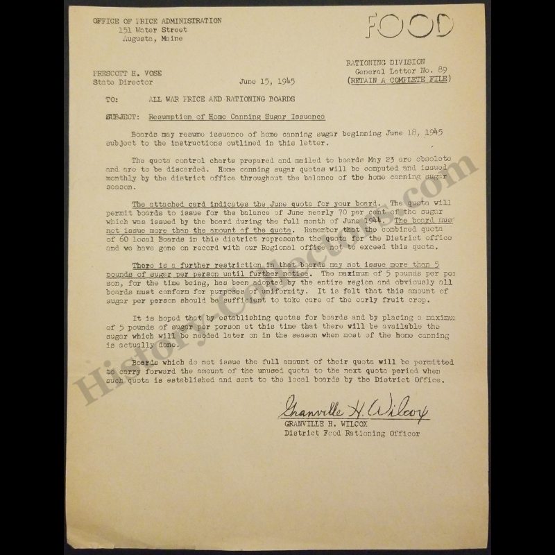 1945 Office Of Price Administration Resumption Of Home Canning Sugar Issuance Document Letter - Augusta Maine - June 15 - World War II Era - Ready For Framing