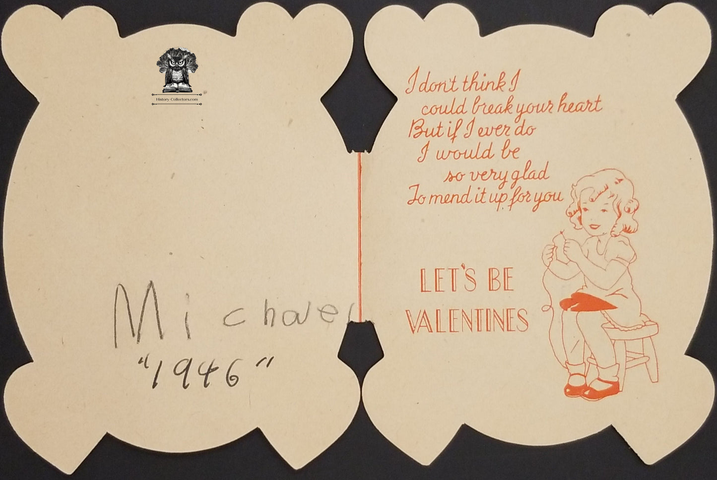 1946 Children's Exchange Valentine's Day Fold Open Card - Mend Broken Hearts